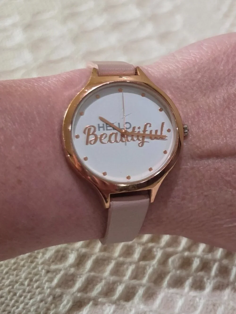 HELLO BEAUTIFUL Rose Gold White Pink Band Large Round Women's Wrist Watch